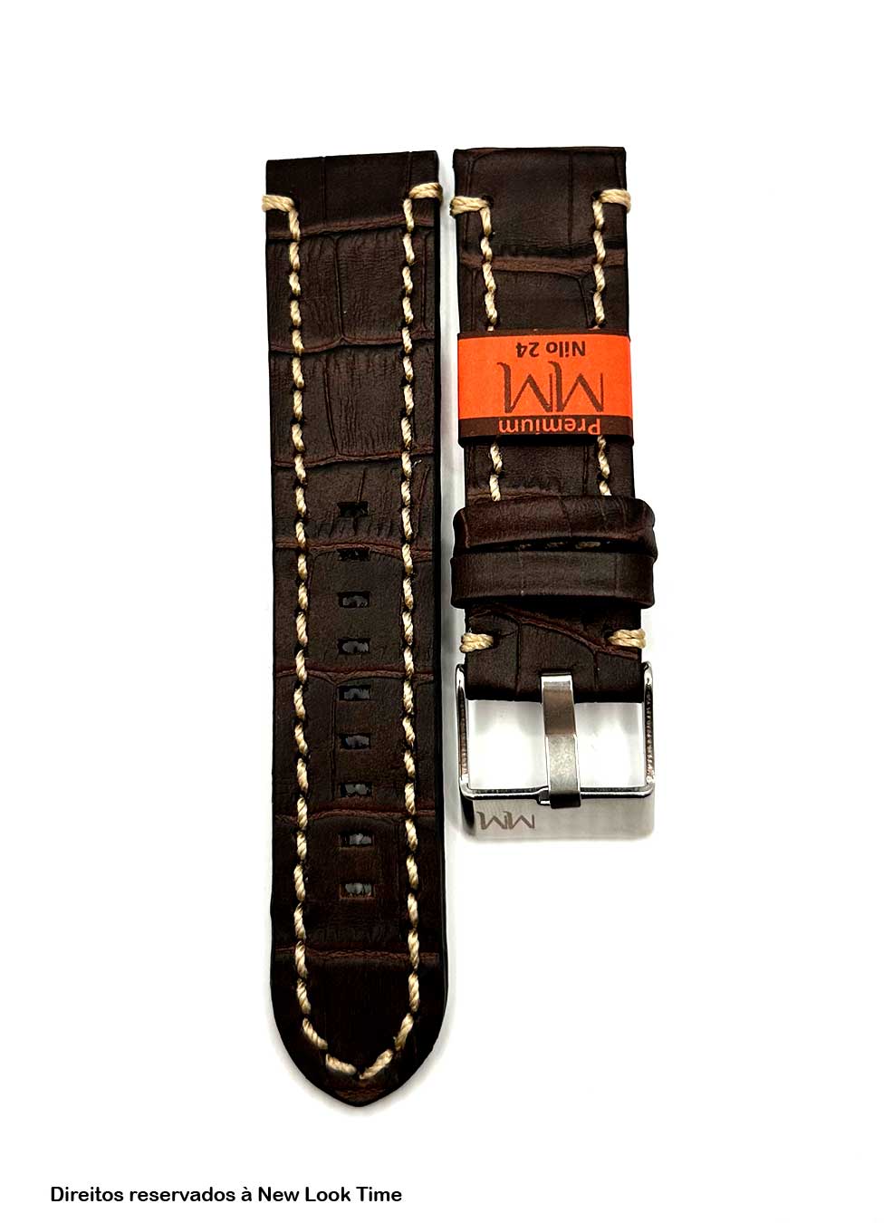 Pulseira Couro Marrom Relógios 24mm Nilo Costura Clara Fivela Prata