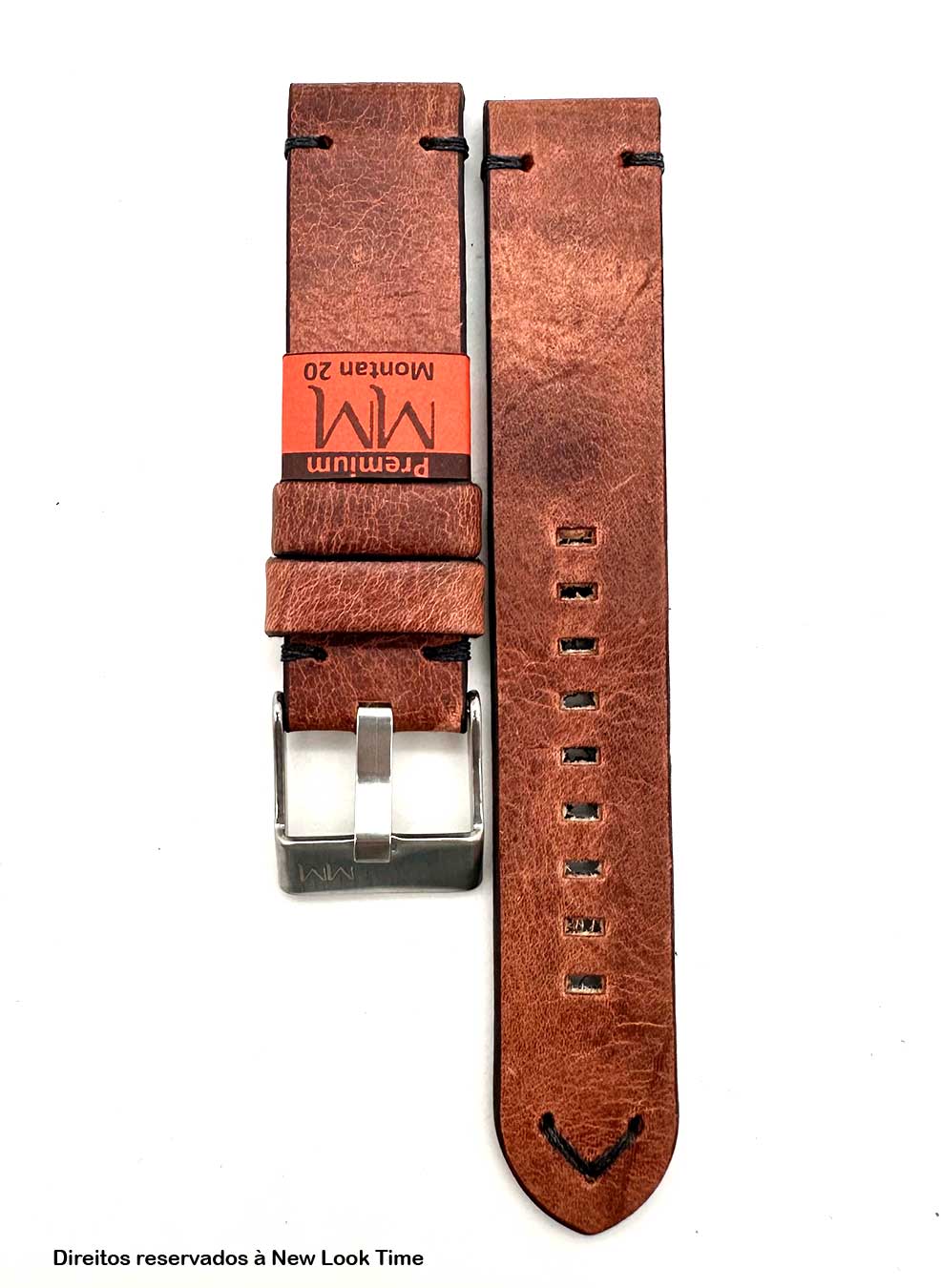 Pulseira Couro Vintage Relógios 20mm Montan Costura Preta Fivela Prata