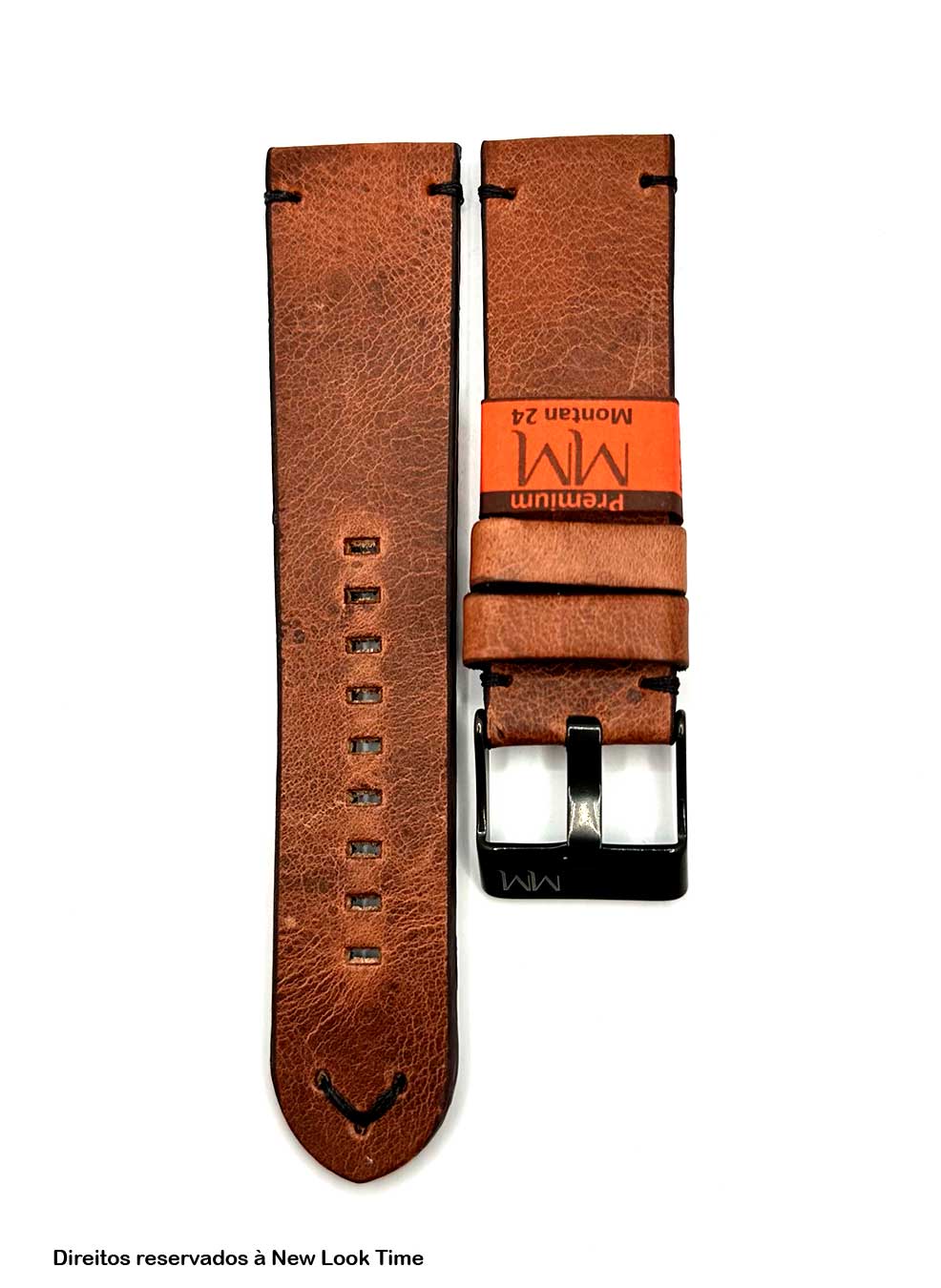 Pulseira Couro Vintage Relógios 24mm Montan Costura Preta Fivela Preta