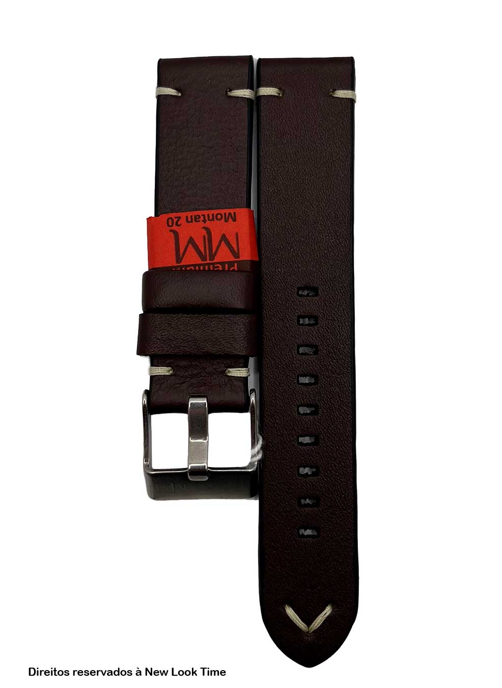 Pulseira Couro Marrom Relógios 20 mm Montan Costura Clara Fivela Prata