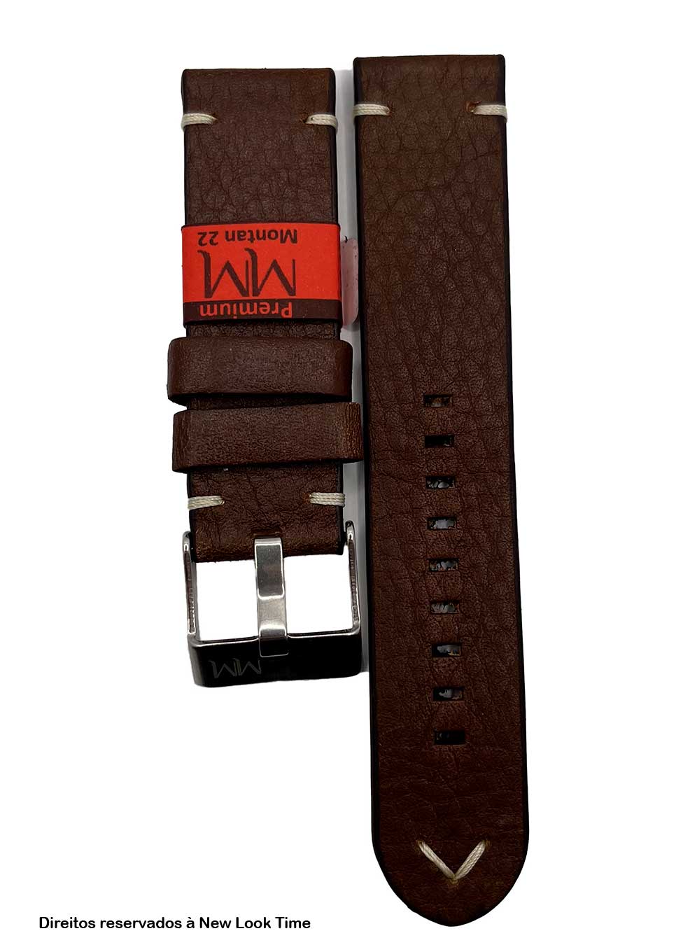 Pulseira Couro Marrom Relógios 22 mm Montan Costura Clara Fivela Prata