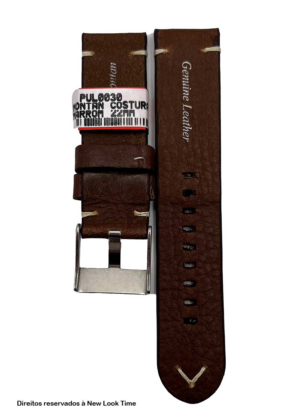 Pulseira Couro Marrom Relógios 22 mm Montan Costura Clara Fivela Prata