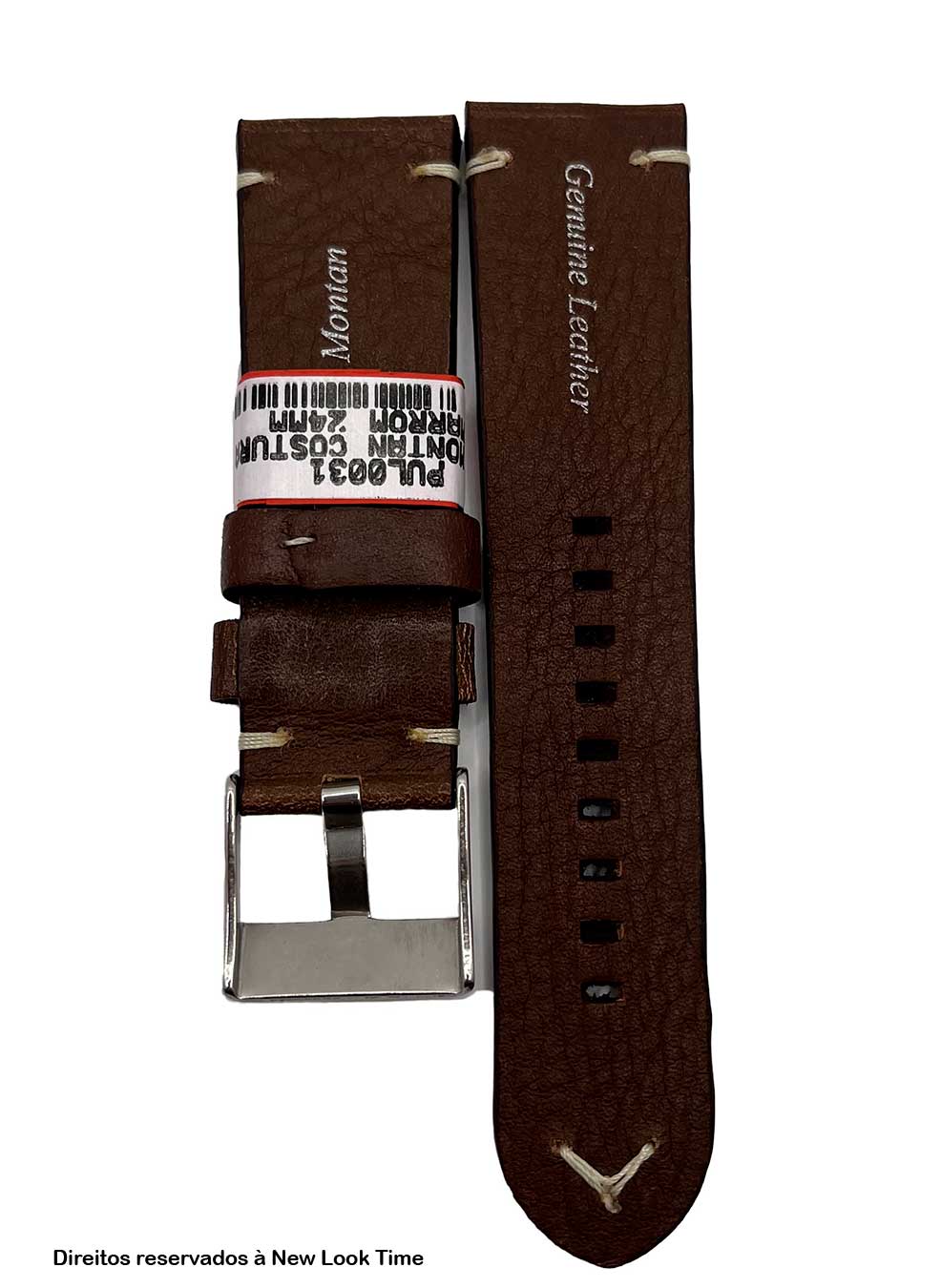 Pulseira Couro Marrom Relógios 24 mm Montan Costura Clara Fivela Prata