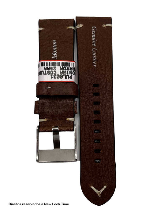 Pulseira Couro Marrom Relógios 24 mm Montan Costura Clara Fivela Prata