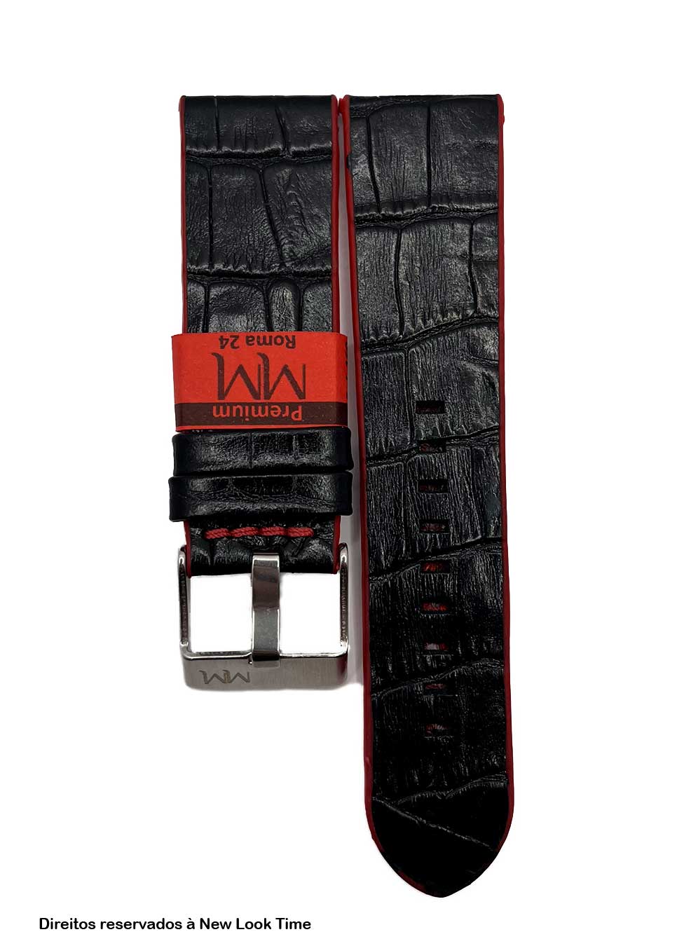Pulseira Couro Preto Croco Relógios 24mm Roma Fivela Prata