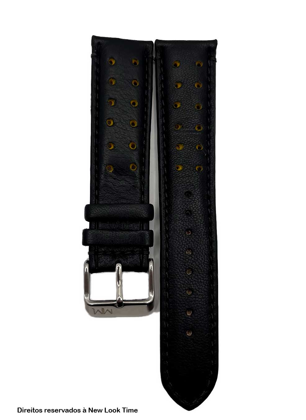 Pulseira Couro Preto Relógios 20mm Tokio Detalhe Amarelo Fivela Prata