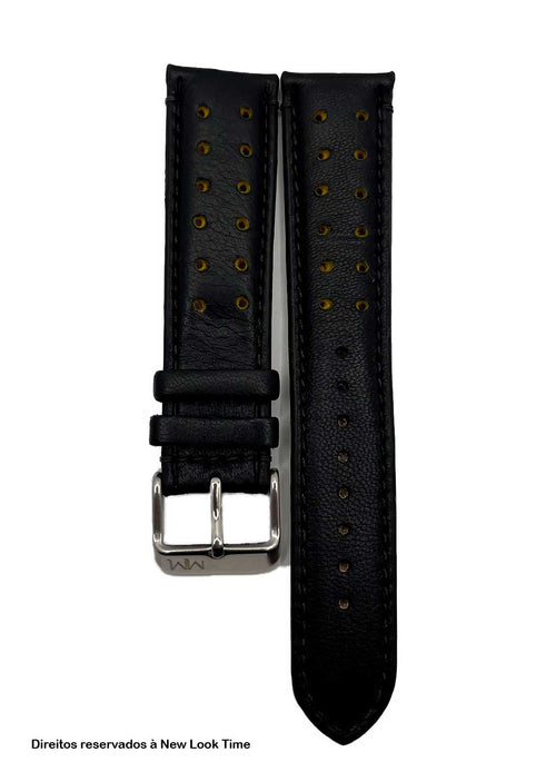 Pulseira Couro Preto Relógios 20mm Tokio Detalhe Amarelo Fivela Prata
