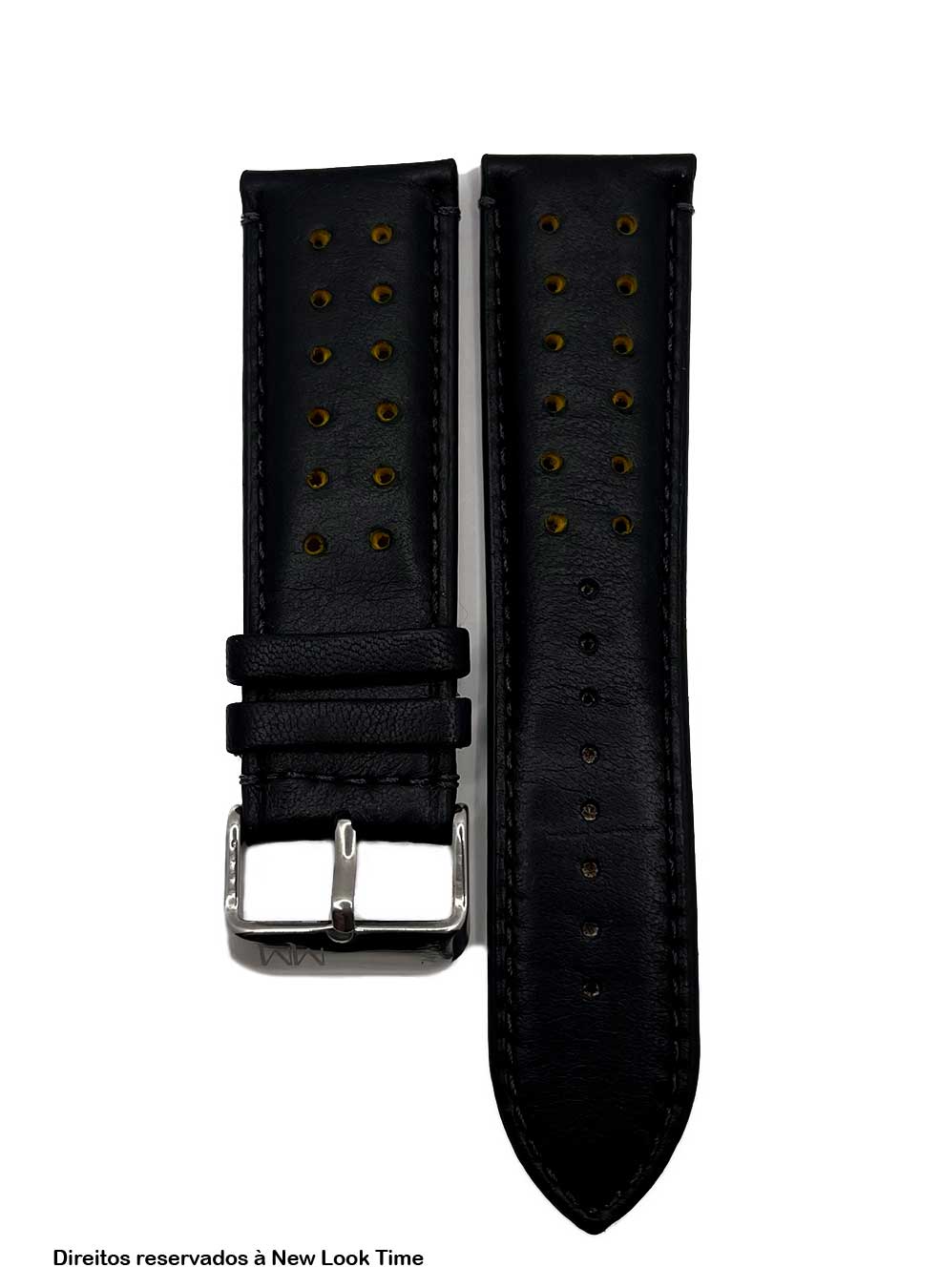 Pulseira Couro Preto Relógios 24 mm Tokio Detalhe Amarelo Fivela Prata