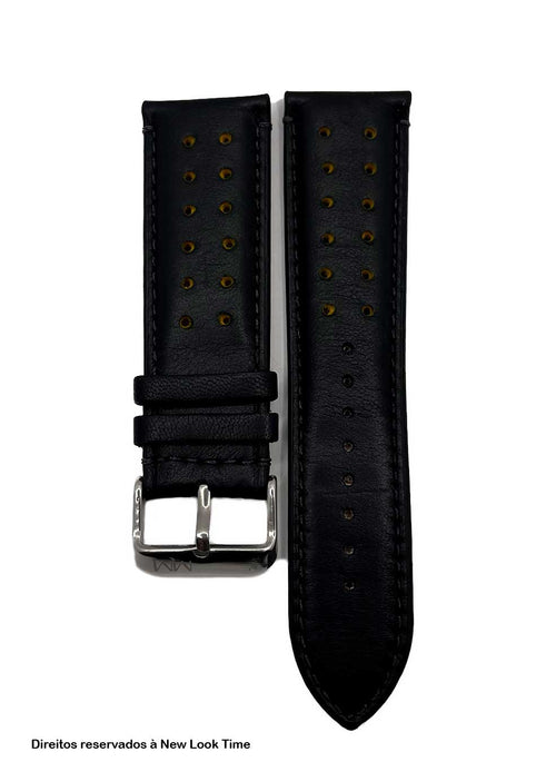 Pulseira Couro Preto Relógios 24 mm Tokio Detalhe Amarelo Fivela Prata