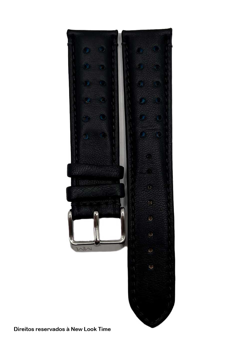 Pulseira Couro Preto Relógios 20 mm Tokio Detalhe Azul Fivela Prata