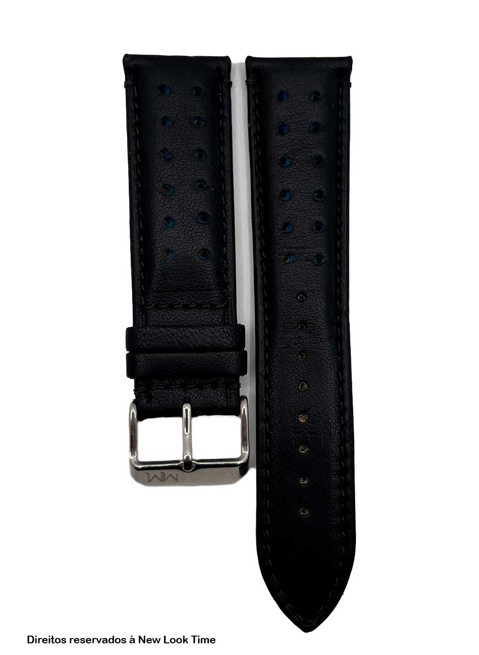 Pulseira Couro Preto Relógios 22 mm Tokio Detalhe Azul Fivela Prata