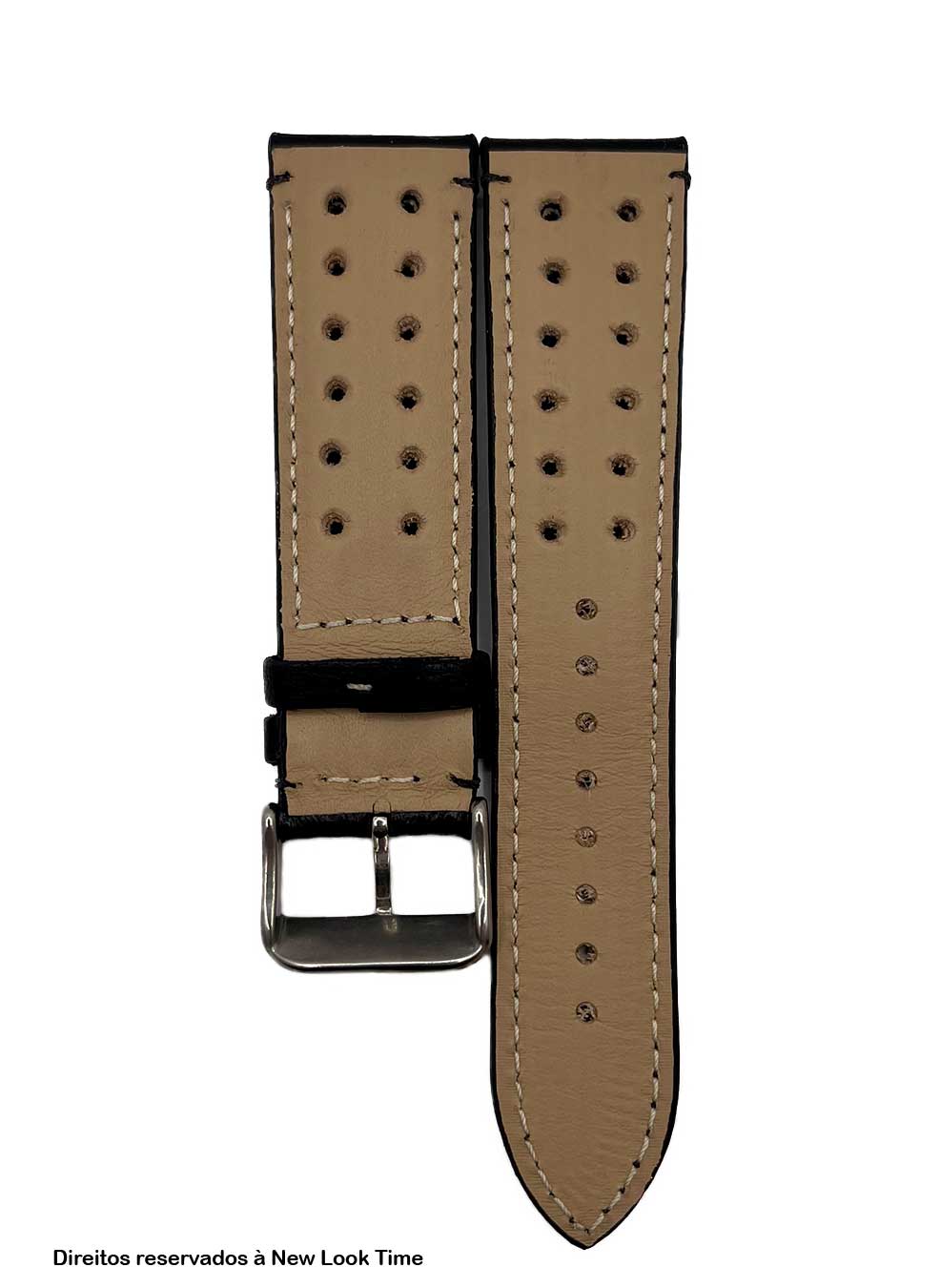 Pulseira Couro Preto Relógios 22 mm Tokio Detalhe Azul Fivela Prata