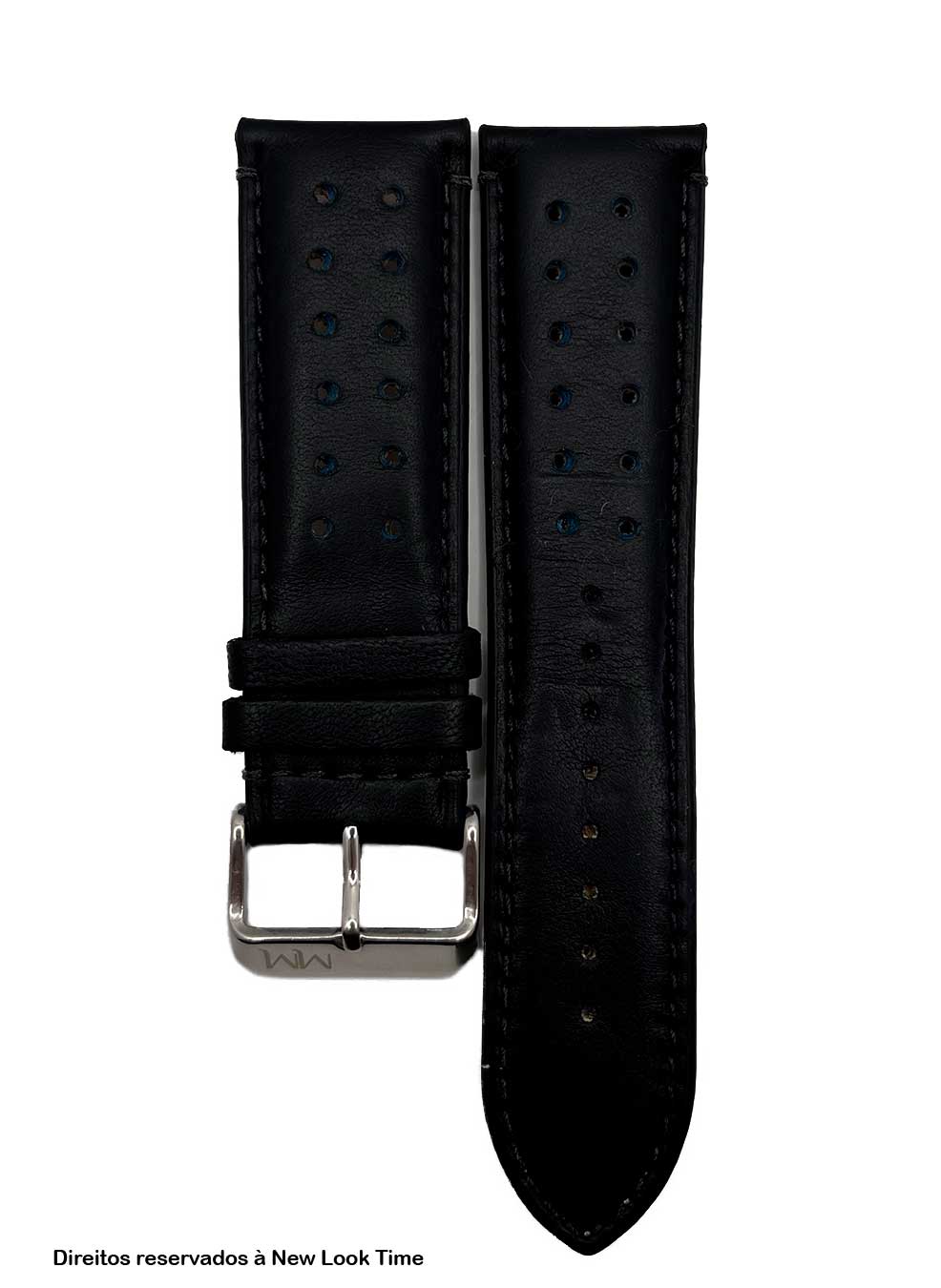 Pulseira Couro Preto Relógios 24 mm Tokio Detalhe Azul Fivela Prata