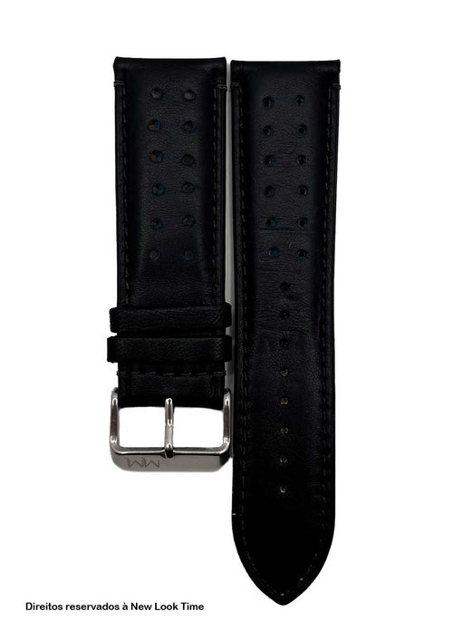 Pulseira Couro Preto Relógios 24 mm Tokio Detalhe Azul Fivela Prata