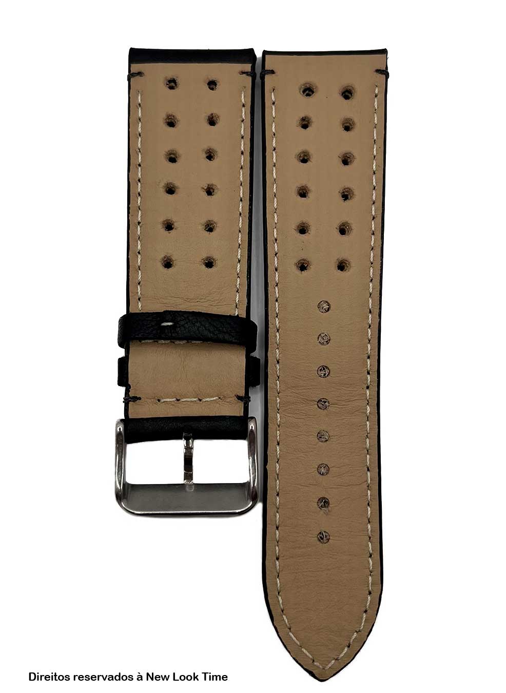 Pulseira Couro Preto Relógios 24 mm Tokio Detalhe Azul Fivela Prata