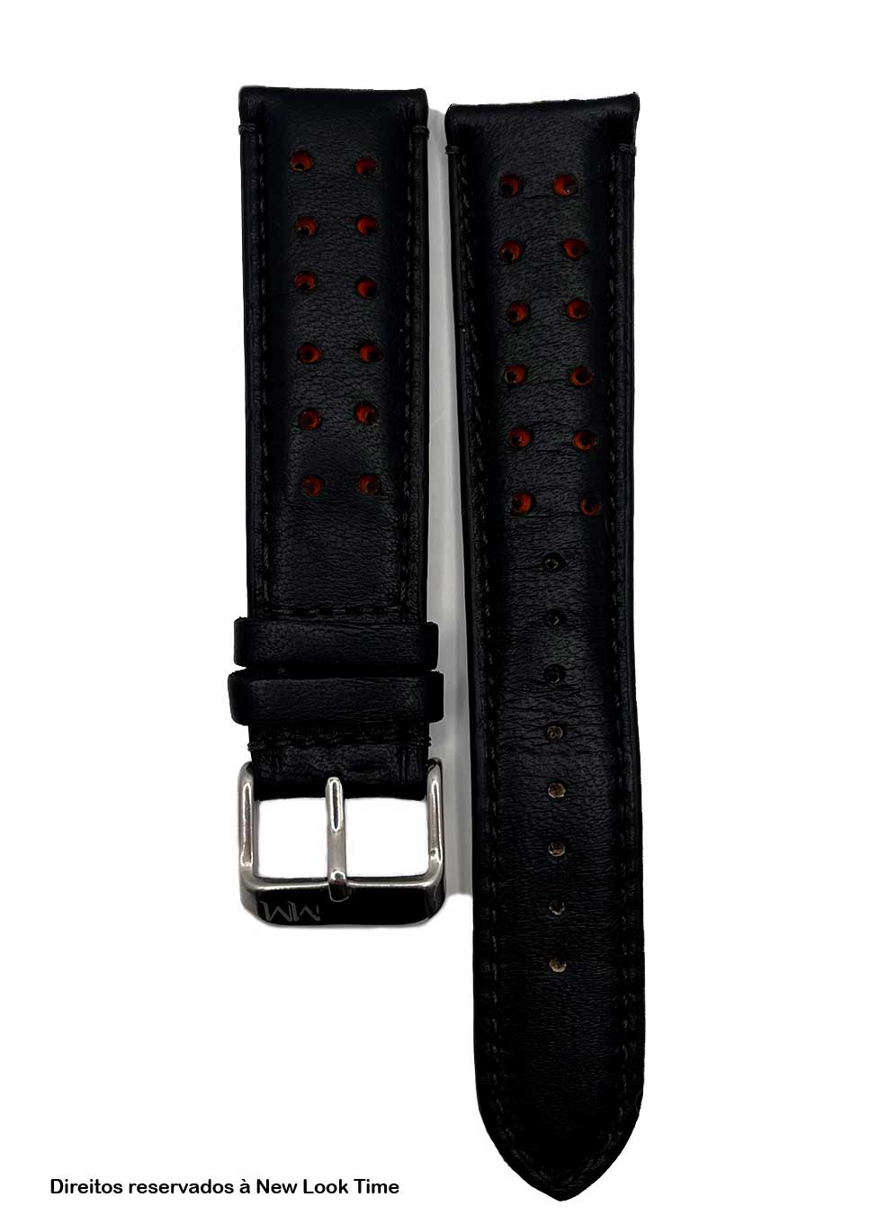 Pulseira Couro Preto Relógios 20 mm Tokio Detalhe Laranja Fivela Prata