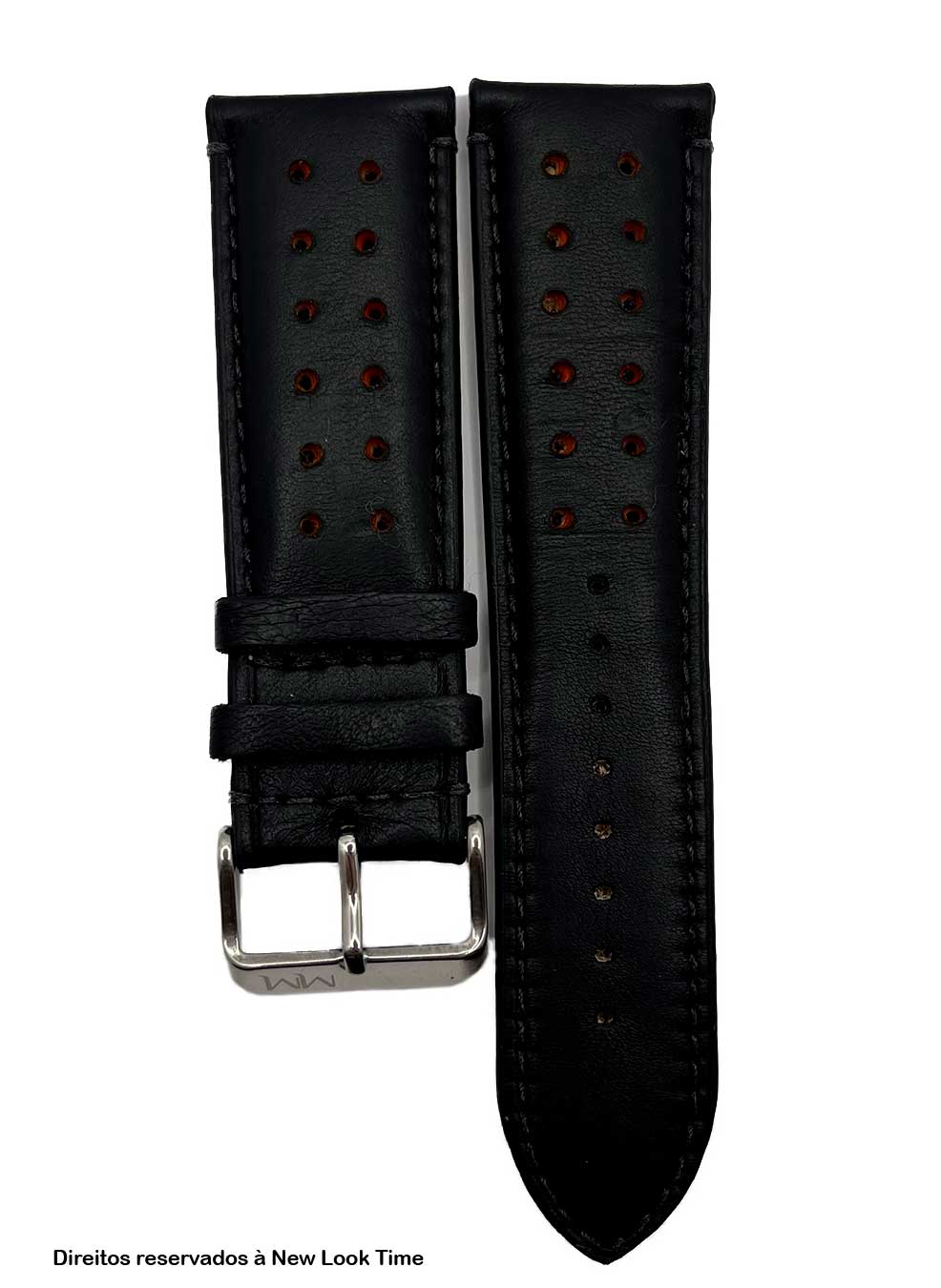 Pulseira Couro Preto Relógios 24 mm Tokio Detalhe Laranja Fivela Prata