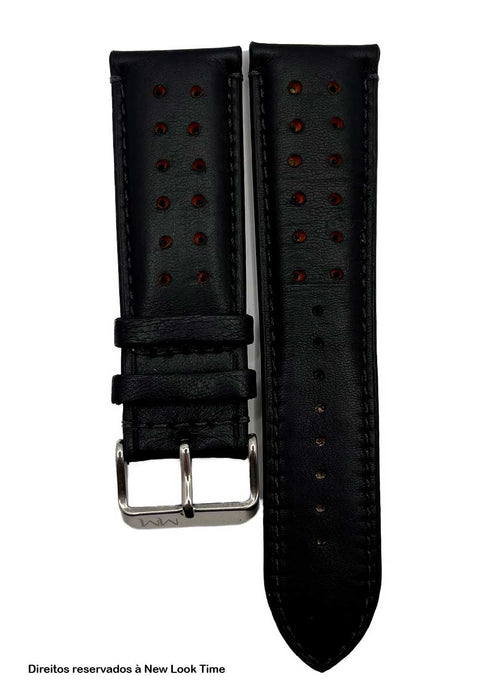 Pulseira Couro Preto Relógios 24 mm Tokio Detalhe Laranja Fivela Prata