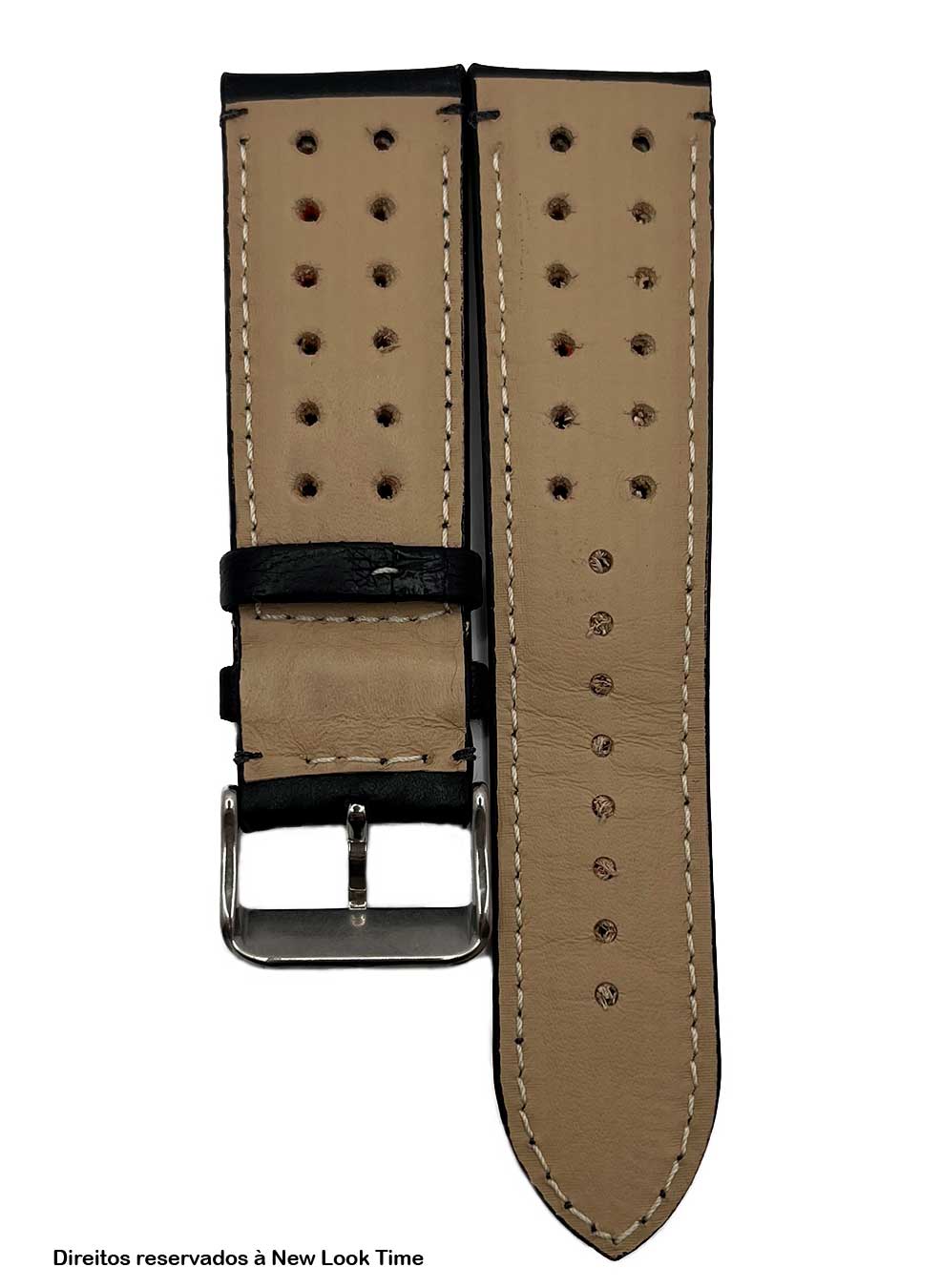 Pulseira Couro Preto Relógios 24 mm Tokio Detalhe Laranja Fivela Prata