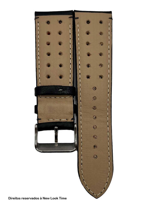 Pulseira Couro Preto Relógios 24 mm Tokio Detalhe Laranja Fivela Prata