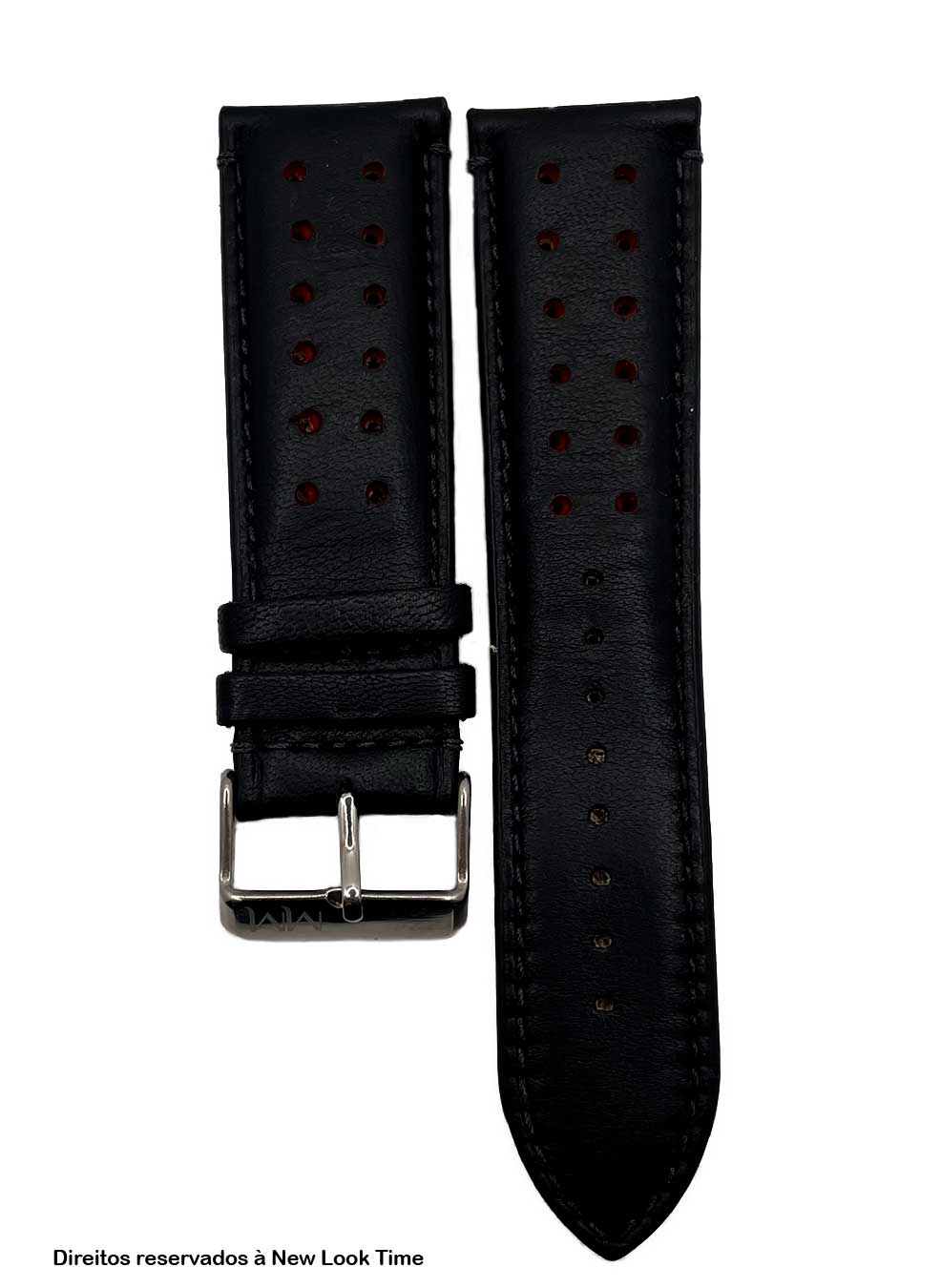 Pulseira Couro Preto Relógios 24 mm Tokio Detalhe Vermelho Fivela Prata