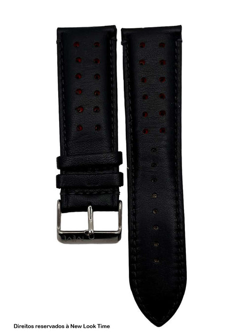 Pulseira Couro Preto Relógios 24 mm Tokio Detalhe Vermelho Fivela Prata