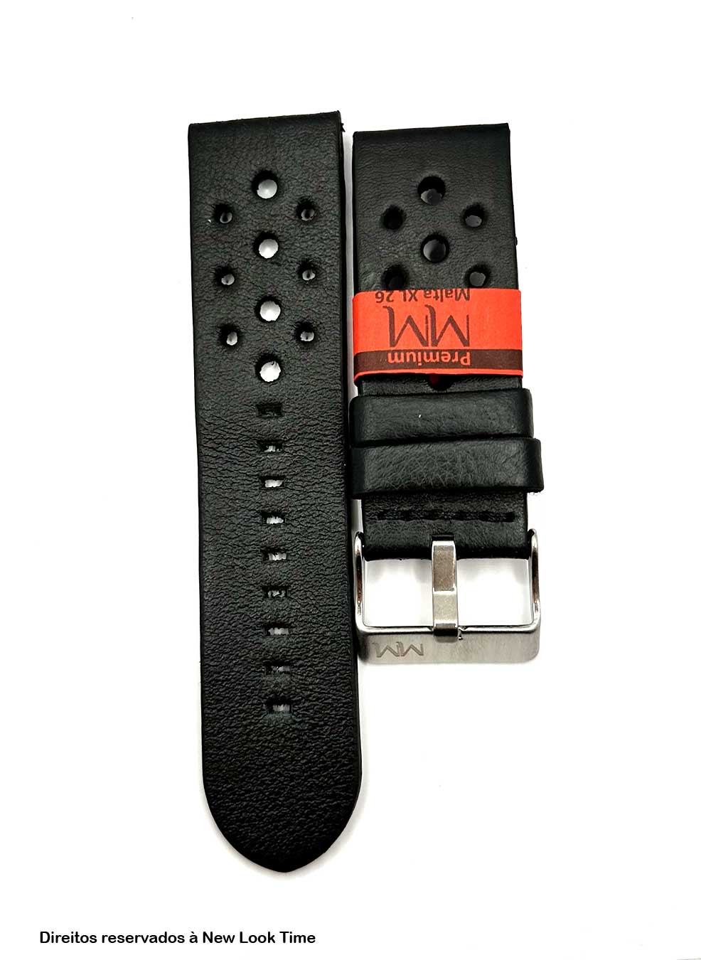 Pulseira Coura Malta Preta 26mm XL Fivela Prata