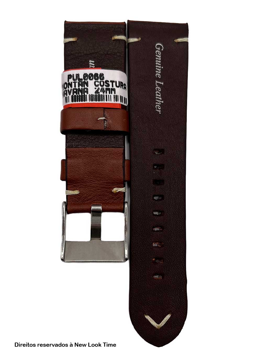Pulseria Couro Havana Relógios 24mm Montan Costura Clara Fivela Prata