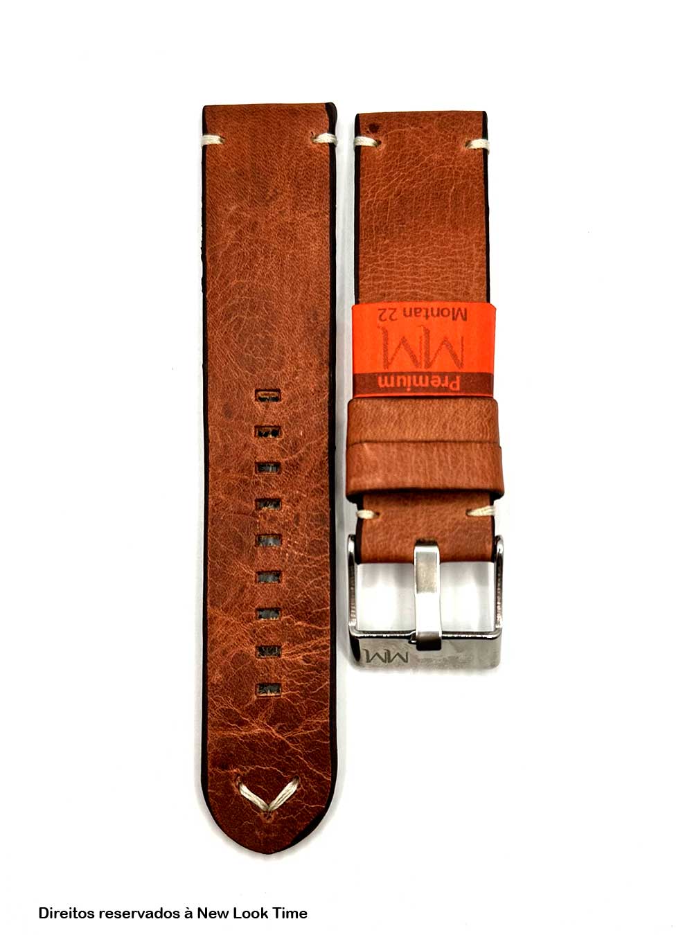 Pulseira Couro Vintage Relógios 22mm Montan Pesponto Claro Fivela Prata