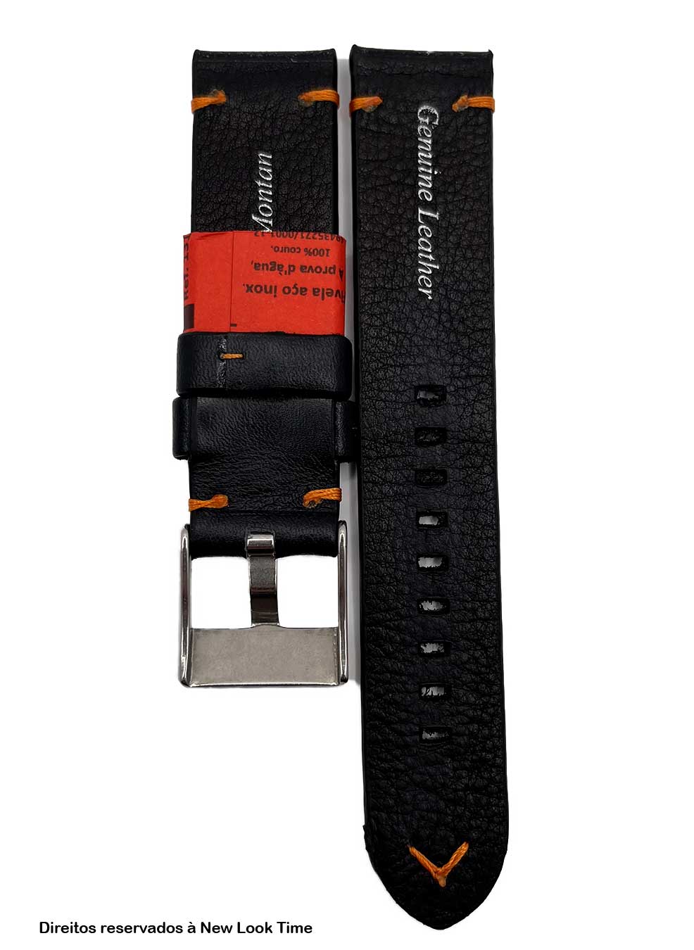 Pulseria Couro Preto Relógios 20mm Montan Costura Laranja Fivela Prata