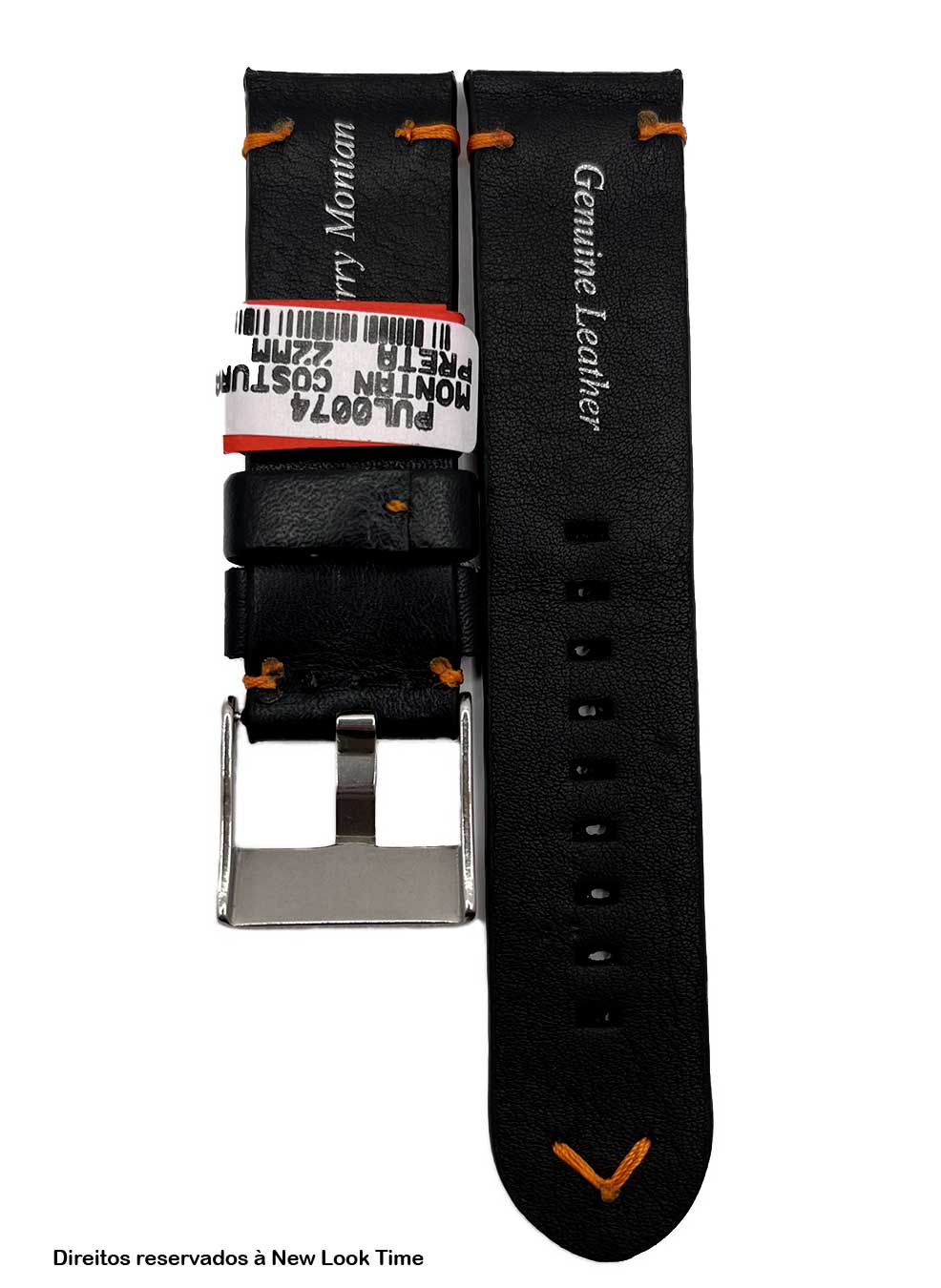 Pulseria Couro Preto Relógios 22mm Montan Costura Laranja Fivela Prata