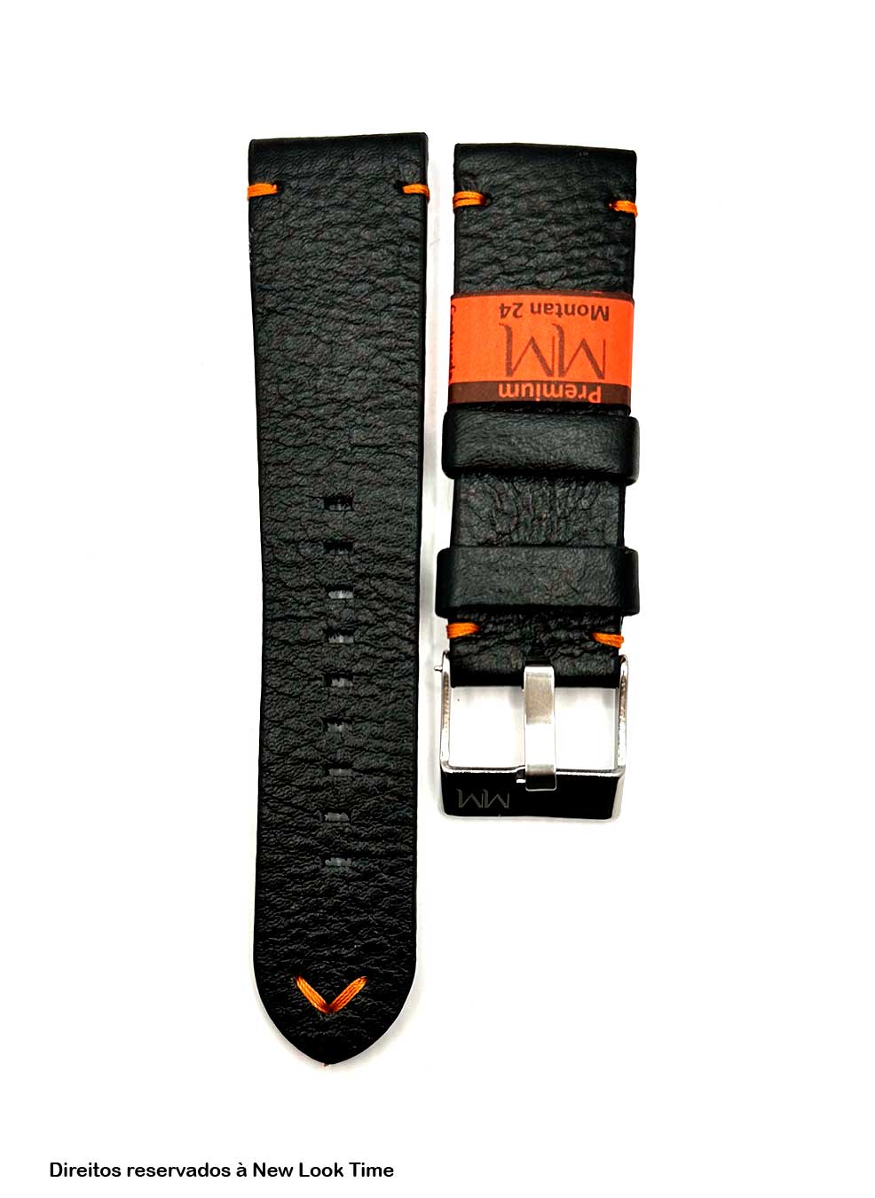 Pulseira Montan Costura Laranja Preta 24mm Fivela Prata