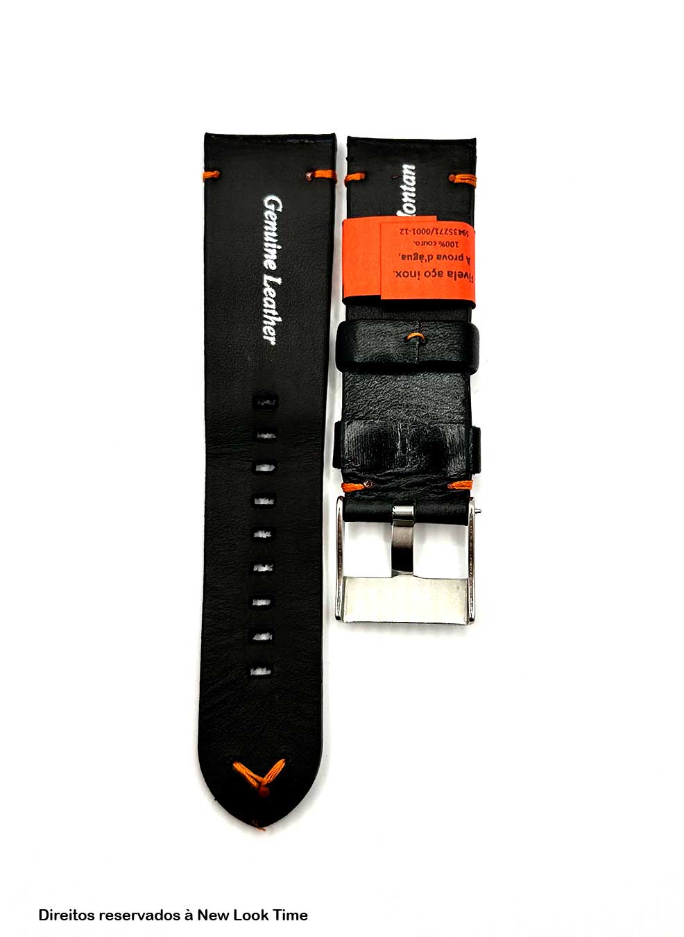 Pulseira Montan Costura Laranja Preta 24mm Fivela Prata