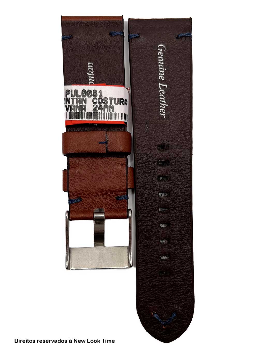 Pulseira Couro Havana Relógios 24mm Montan Costura Azul Fivela Prata
