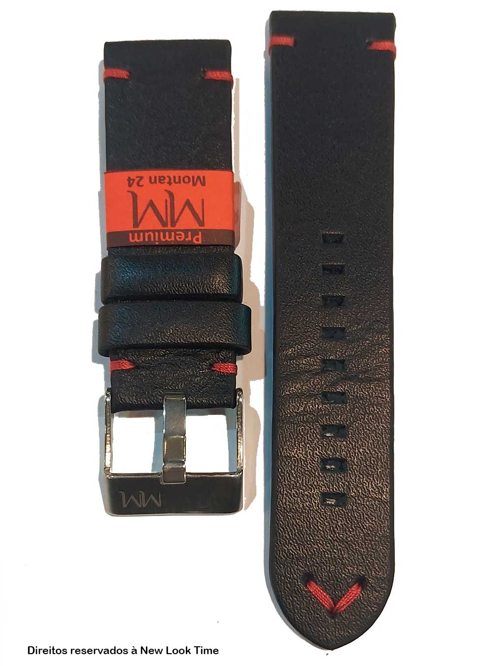 Pulseira Couro Preto Relógios 24mm Montan Costura Vermelha Fivela Prata