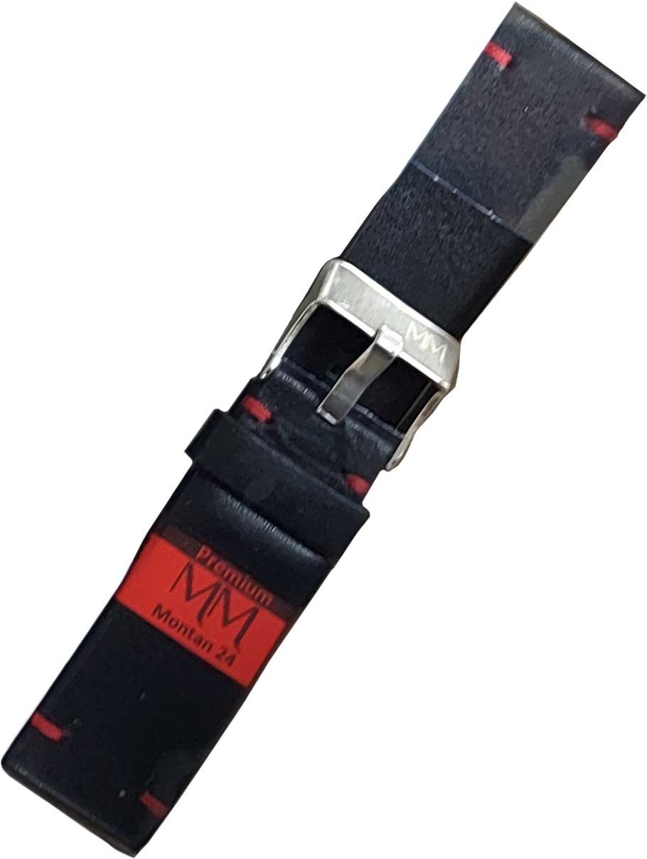 Pulseira Couro Preto Relógios 24mm Montan Costura Vermelha Fivela Prata
