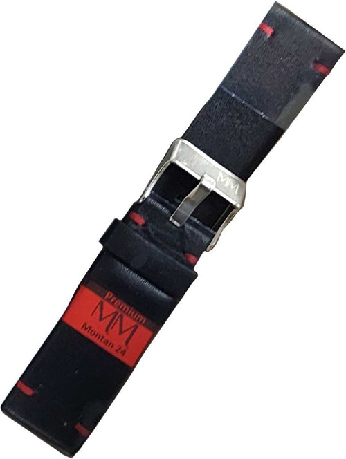 Pulseira Couro Preto Relógios 24mm Montan Costura Vermelha Fivela Prata