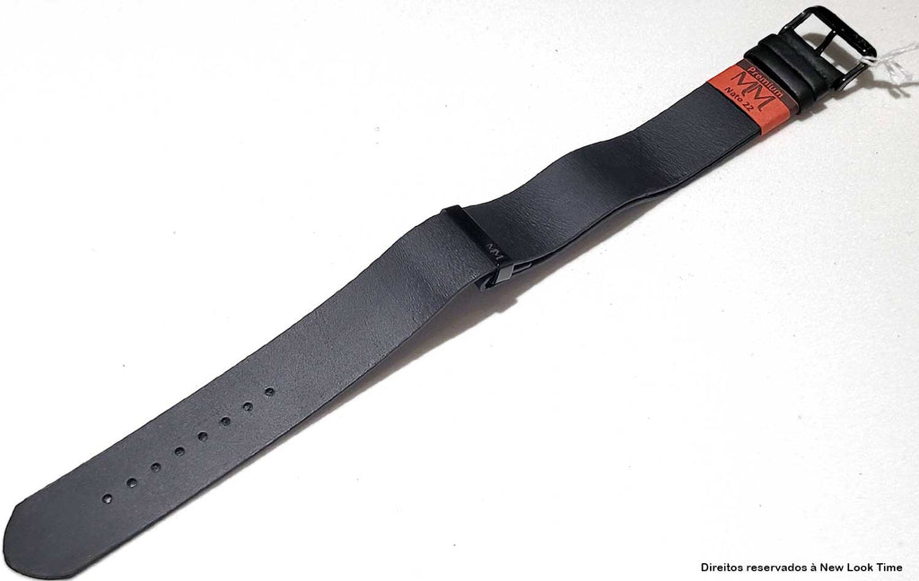 Pulseira Nato Couro Preto 22mm Fivela Preta