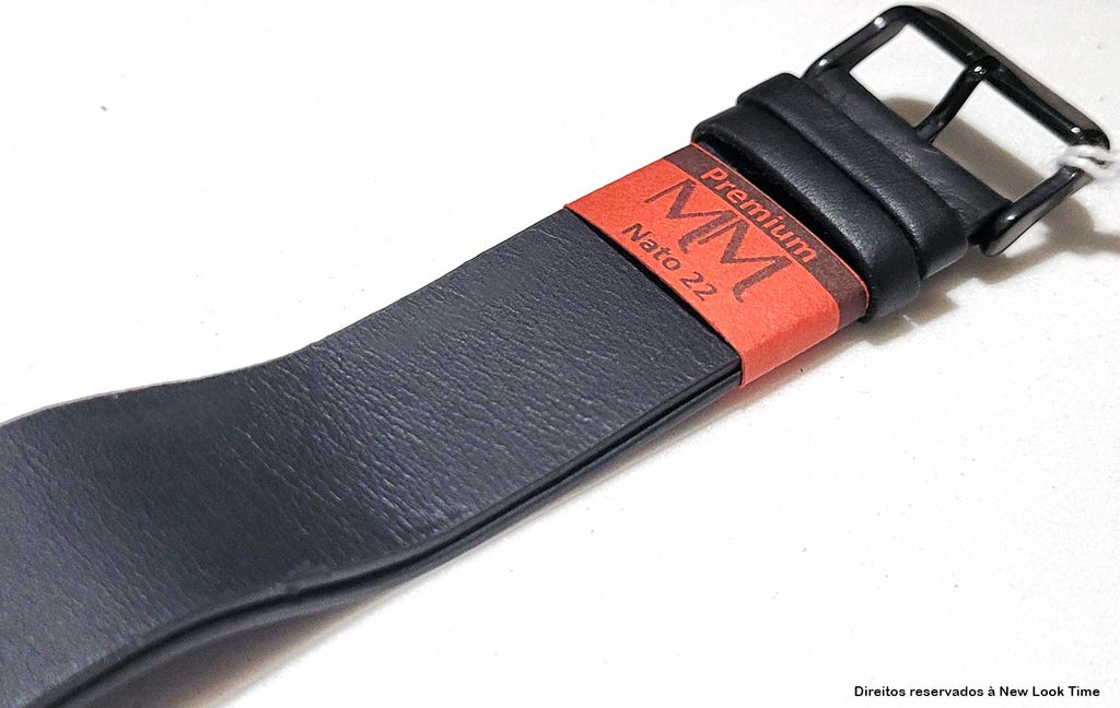 Pulseira Nato Couro Preto 22mm Fivela Preta