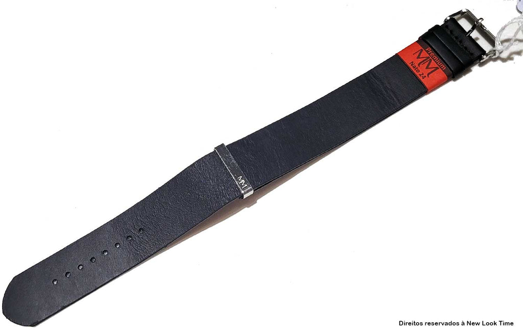 Pulseira Nato Couro Preto 24mm Fivela Prata
