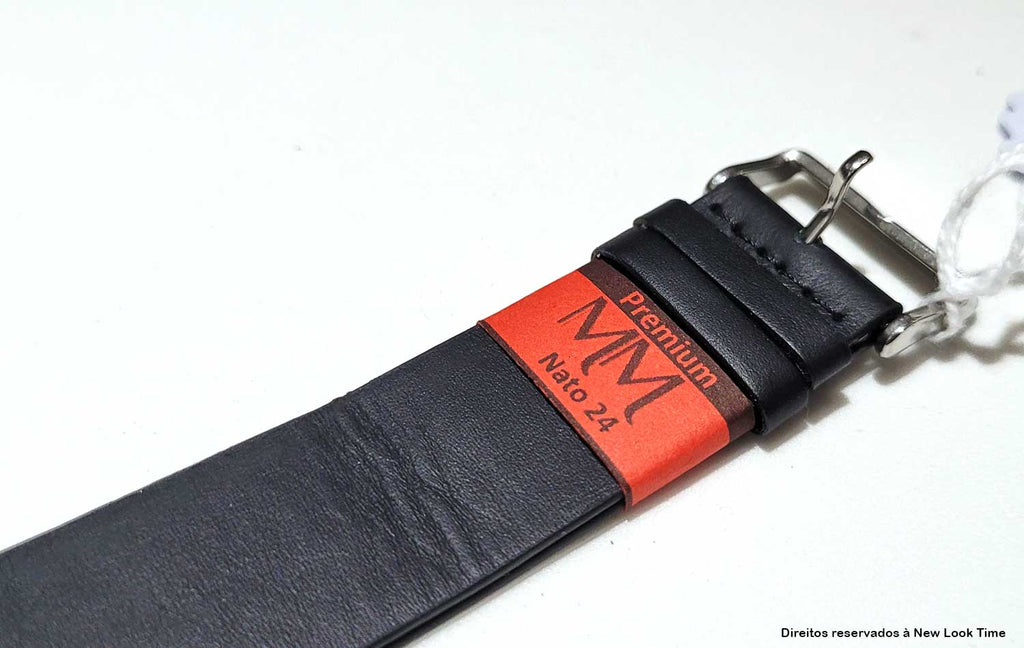 Pulseira Nato Couro Preto 24mm Fivela Prata