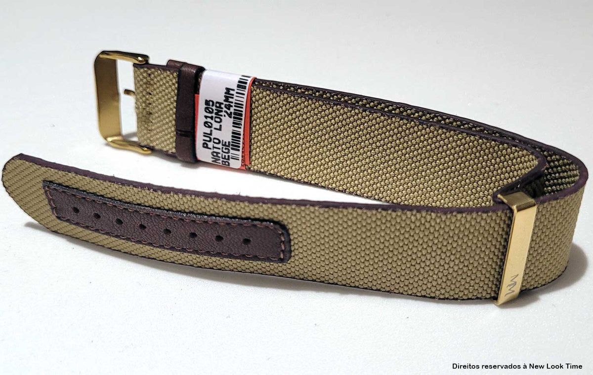 Pulseira Nato Lona Bege 24mm Fivela Prata