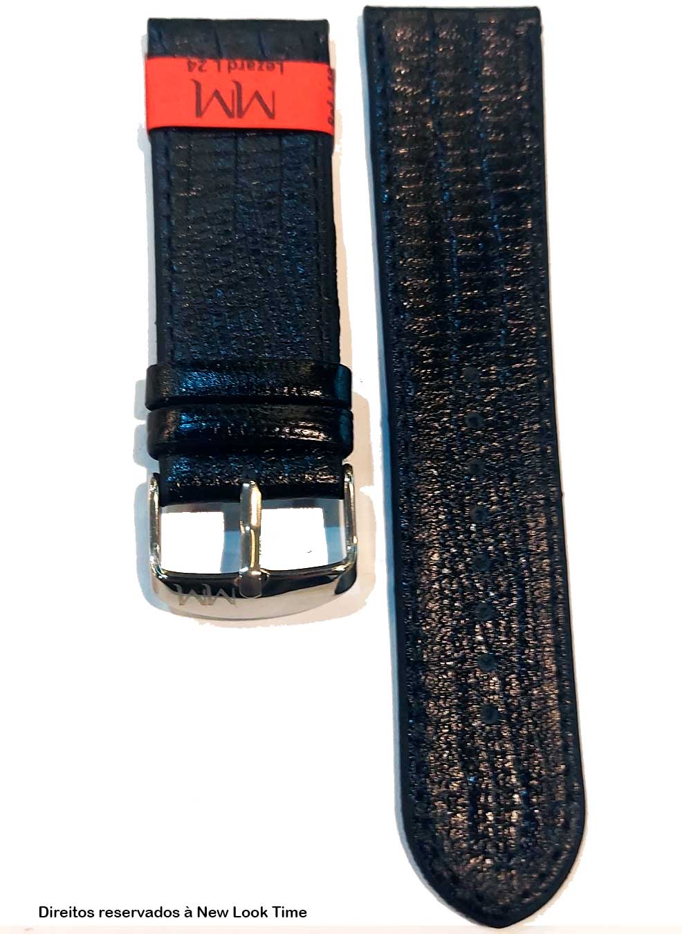 Pulseira Couro Preto Relógios 24mm Lezard L Fivela Prata