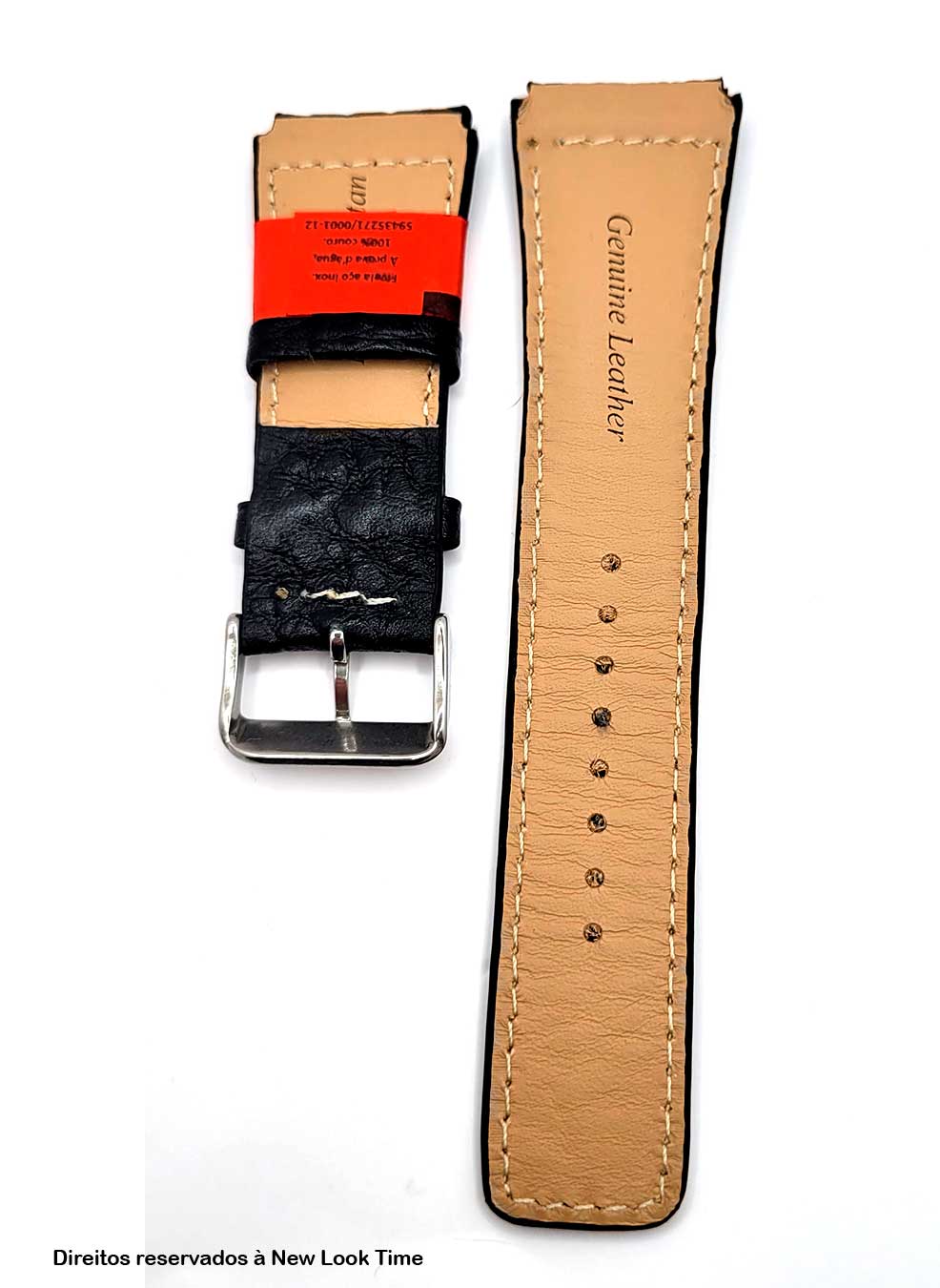 Pulseira Couro Preto Relógios 24MM Búfalo Costura Clara Picote Fivela Prata