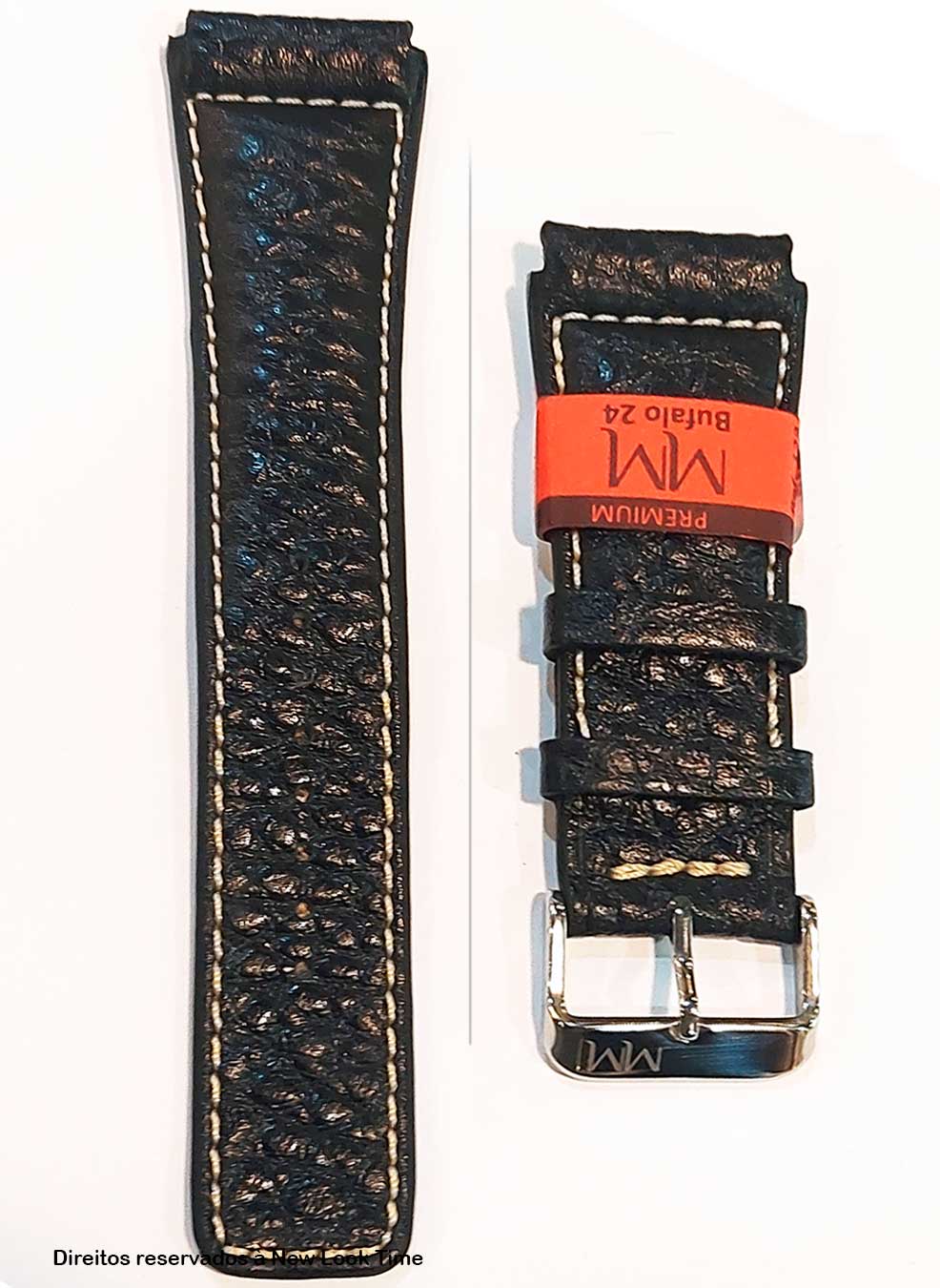 Pulseira Couro Preto Relógios 24MM Búfalo Costura Clara Picote Fivela Prata