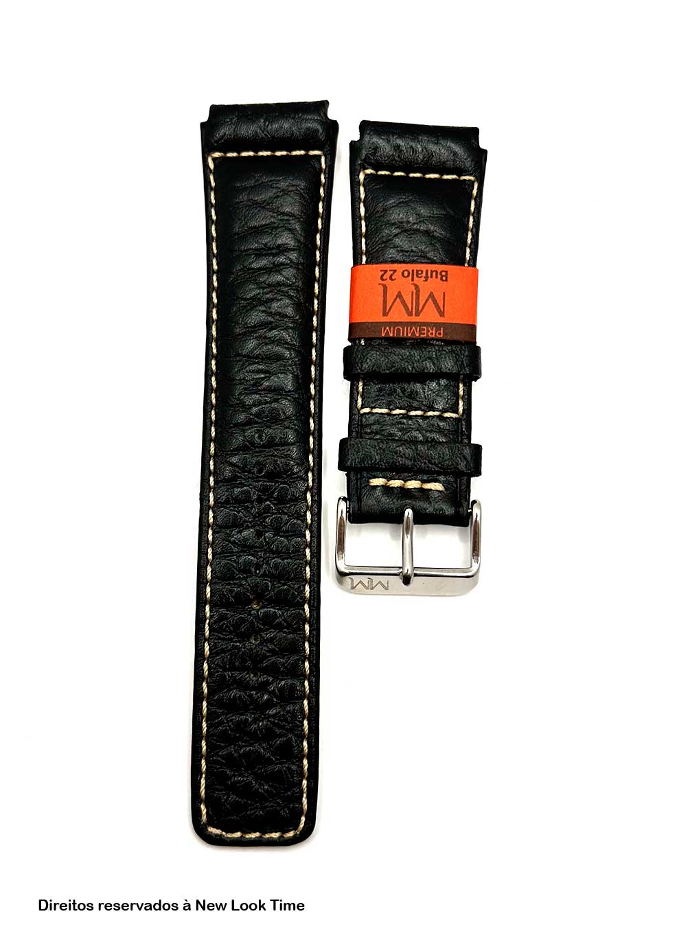 Pulseira Couro Preto Relógios 22mm Búfalo Costura Clara Picote Fivela Prata