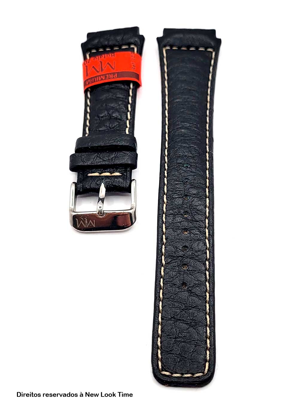 Pulseira Couro Preto Relógios 20mm Búfalo Costura Clara Picote Fivela Prata