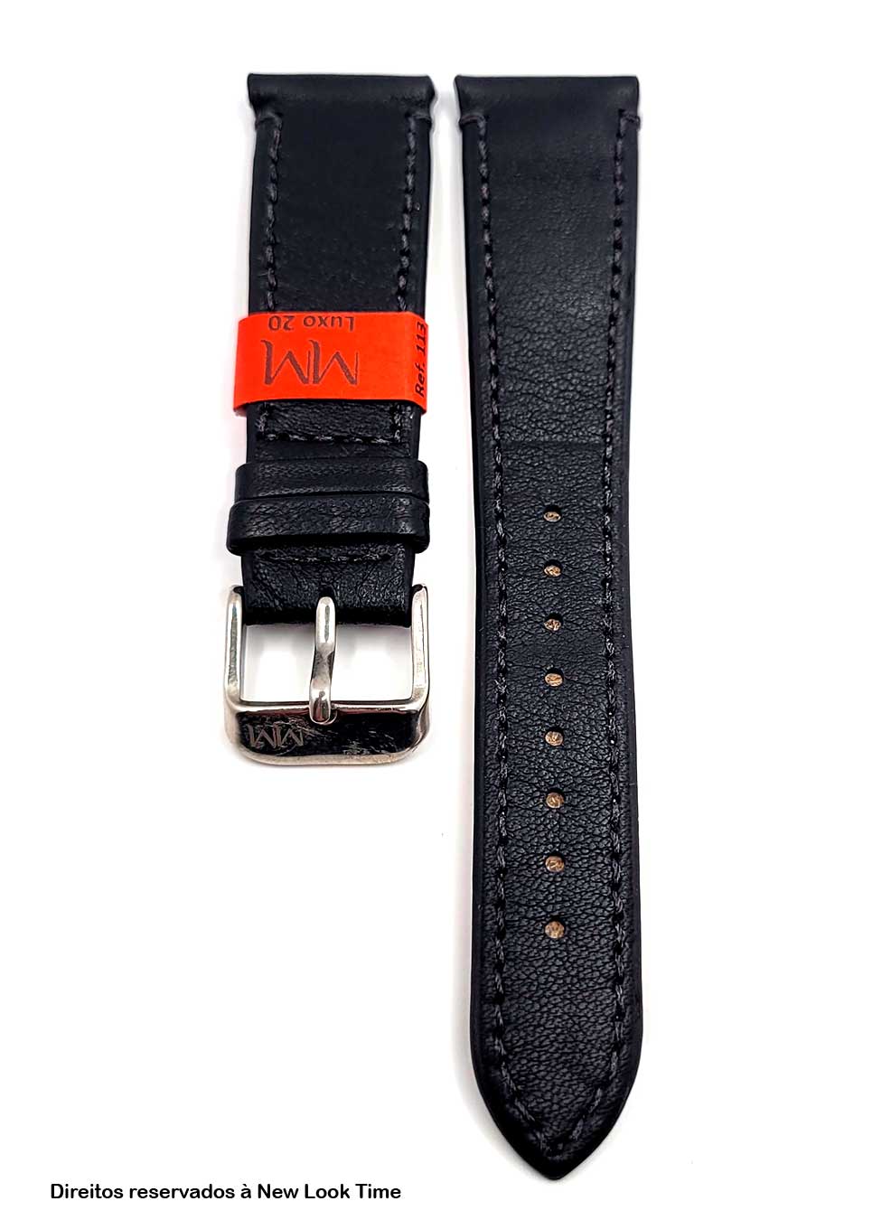 Pulseira Couro Preto Relógios 20mm Luxo Lisa Com Costura Fivela Prata