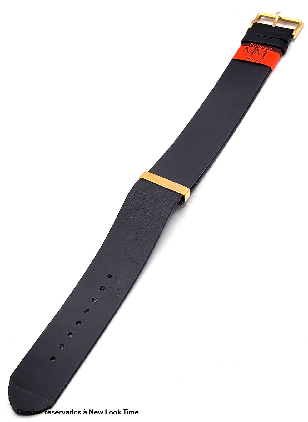 Pulseira Nato Couro Preto Relógios 24mm Fivela Dourada