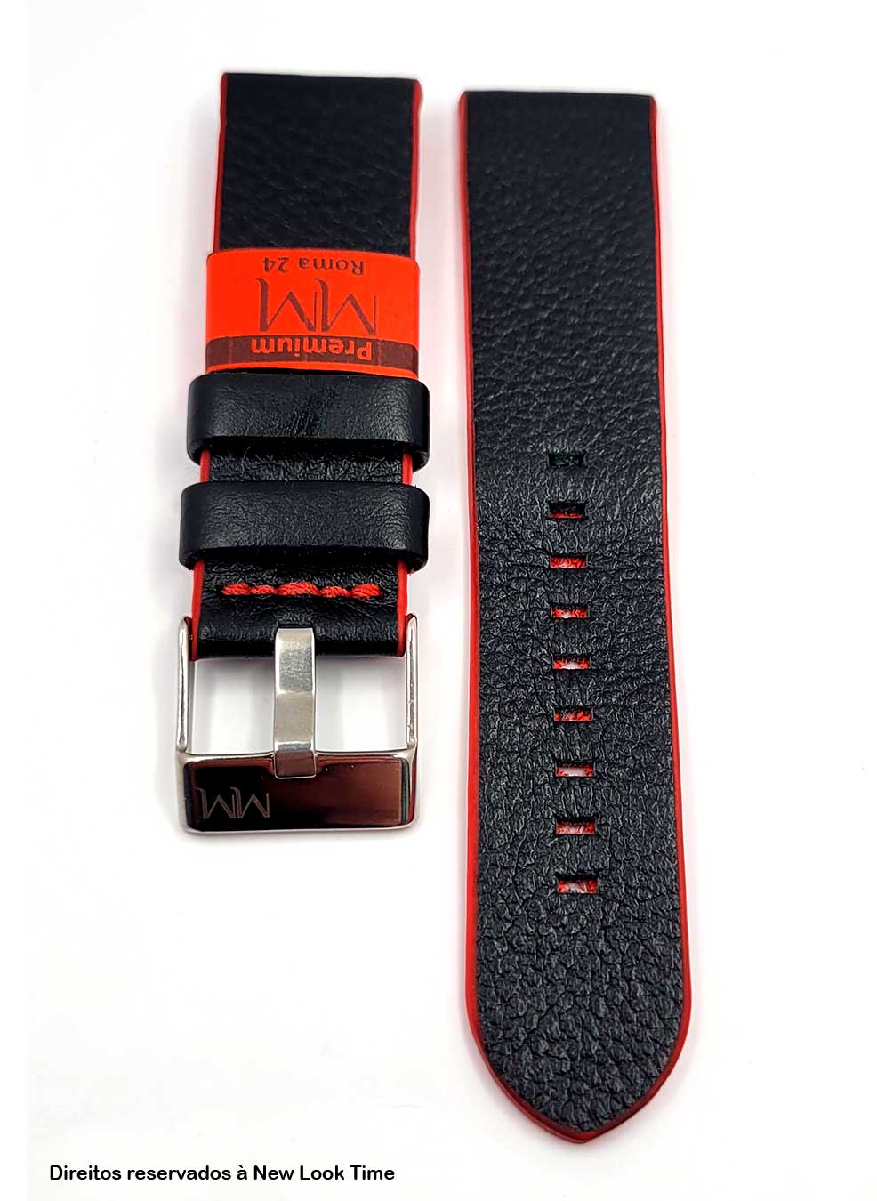 Pulseira Couro Preto Liso Relógios 24mm Roma Fivela Prata